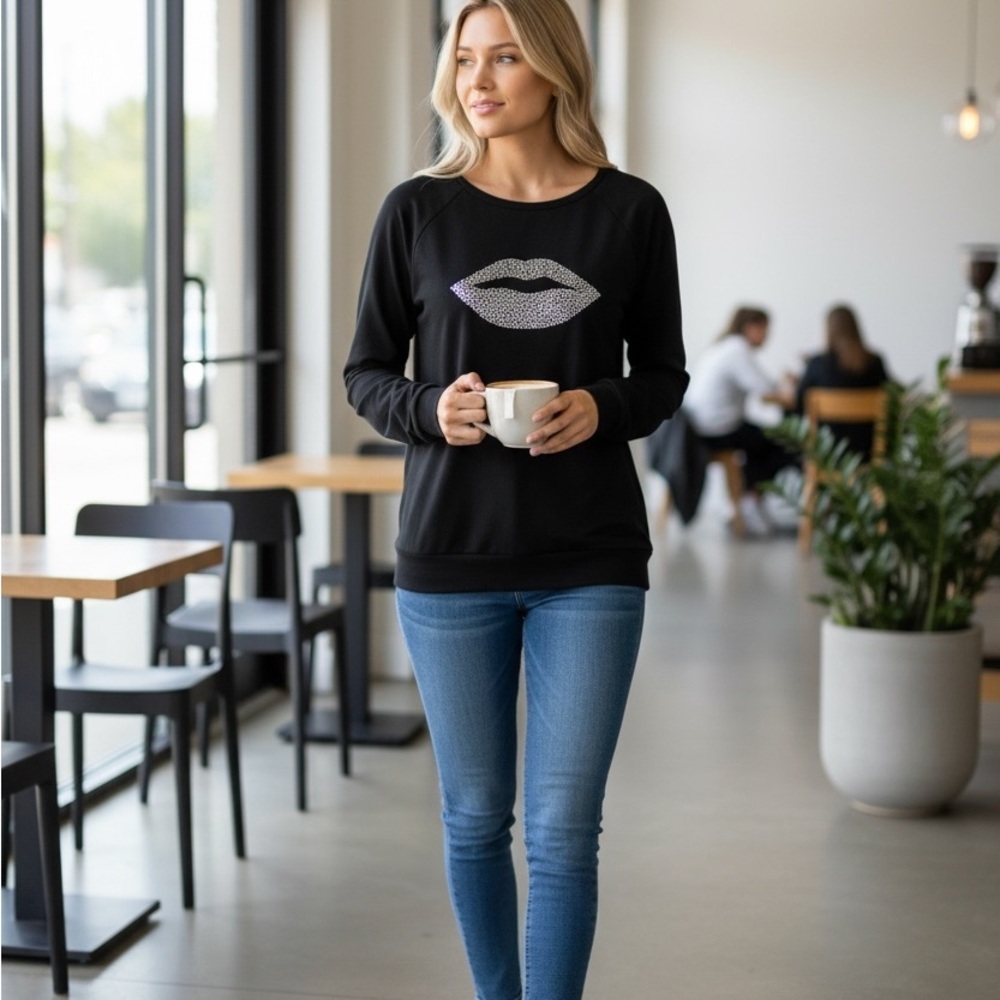 VENUS Black Sweatshirt with Silver Lip Motif